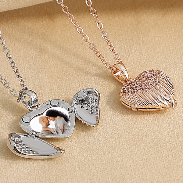 Angel Wing Locket Necklace Personalised Heart Locket With Photo Inside - Oarse