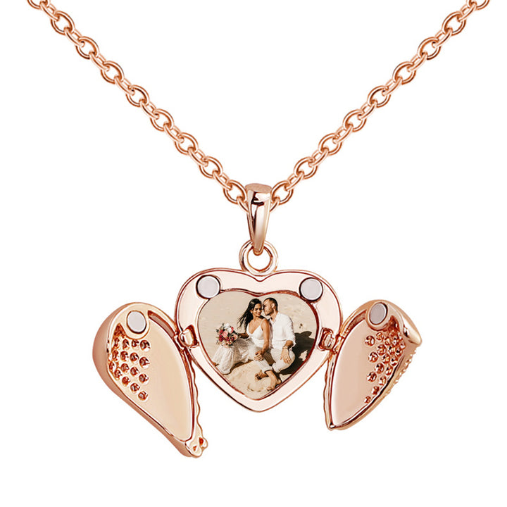 Angel Wing Locket Necklace Personalised Heart Locket With Photo Inside - Oarse