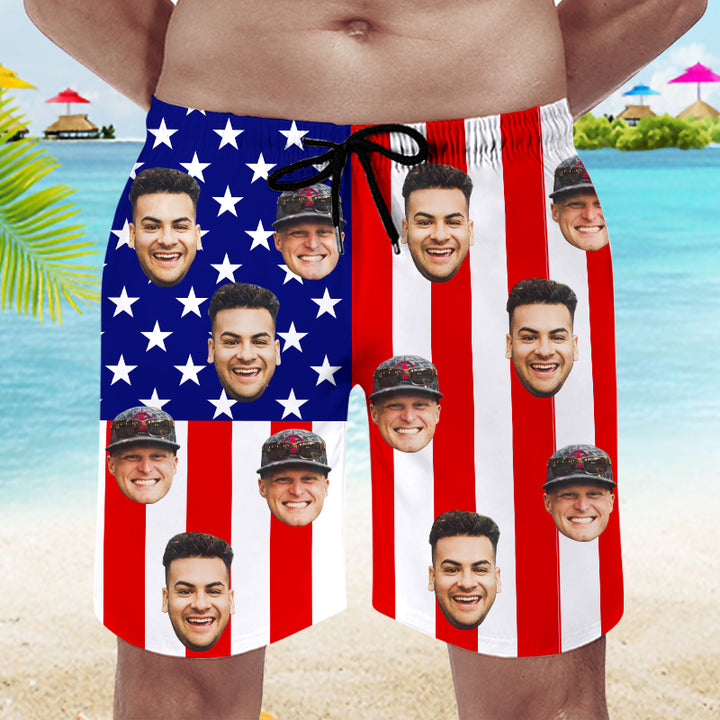 US Flag Custom Swim Trunks, Swim Trunks With Face On Them - Oarse