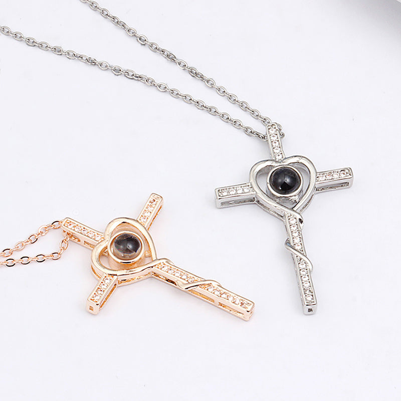 Personalized Heart Photo Projection Necklace Custom Cross Necklace For Girlfriend - Oarse