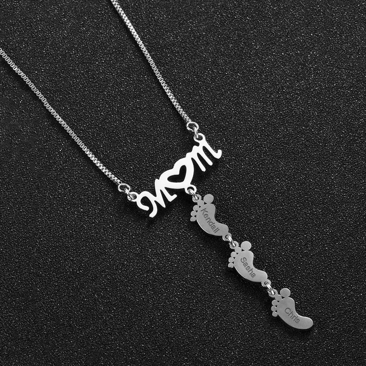 Baby Feet Name Engraved Necklace, Mom Alphabet Name Tag Necklace - Oarse
