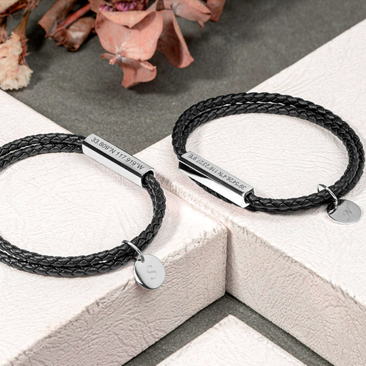 Personalized Leather Coordinate Bracelet Longitude And Latitude Bracelets For Couples - Oarse