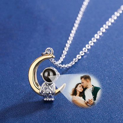 Custom Astronaut Pendant Photo Projection Necklace Couple 925 Sterling Silver Moon And Star Necklace - Oarse