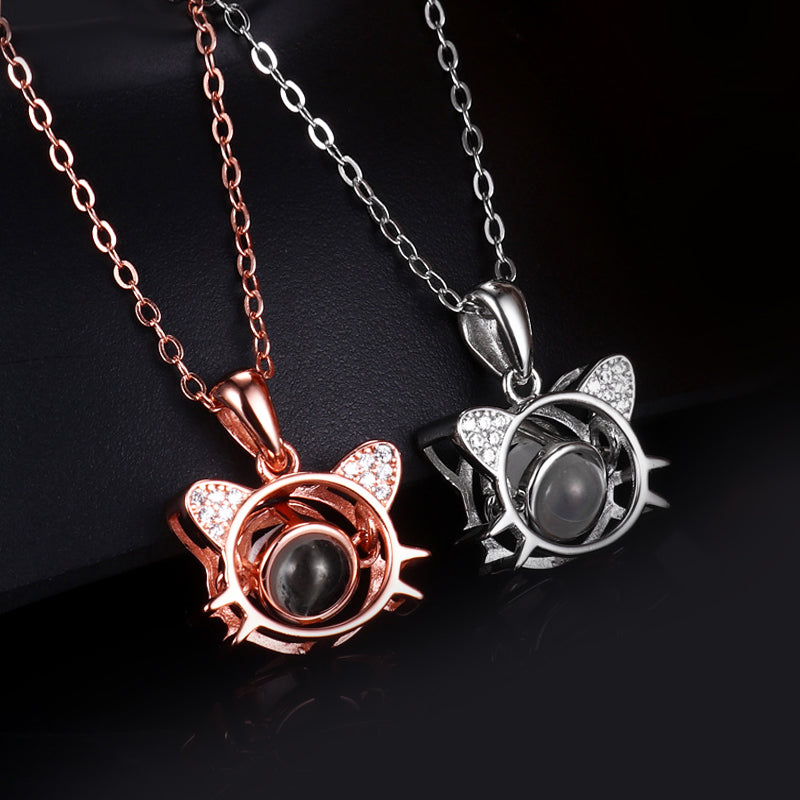 Cat Shape 925 Sterling Silver Projection Necklace Personalized Pet Photo Necklace - OARSE