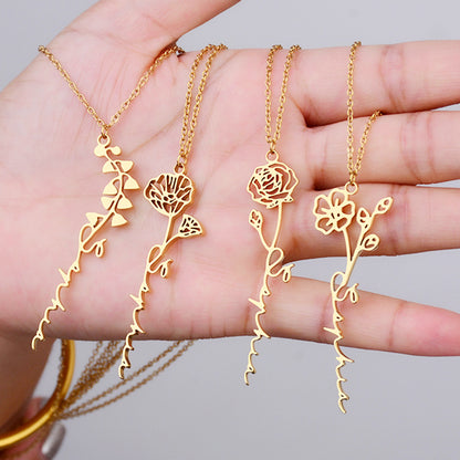 Birthday Flower Necklace Custom Name Pendant Necklace - Oarse
