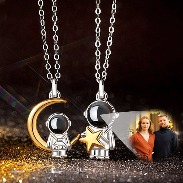 Custom Astronaut Pendant Photo Projection Necklace Couple 925 Sterling Silver Moon And Star Necklace - Oarse