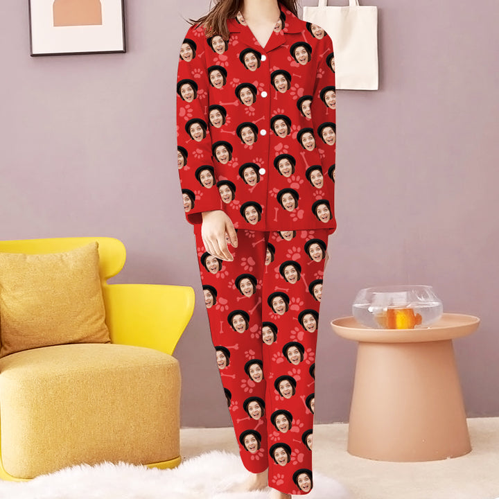 Custom Pajamas With Dog Face And Pet Owner Face Paw Print Custom Face Pajamas For Adult - Oarse
