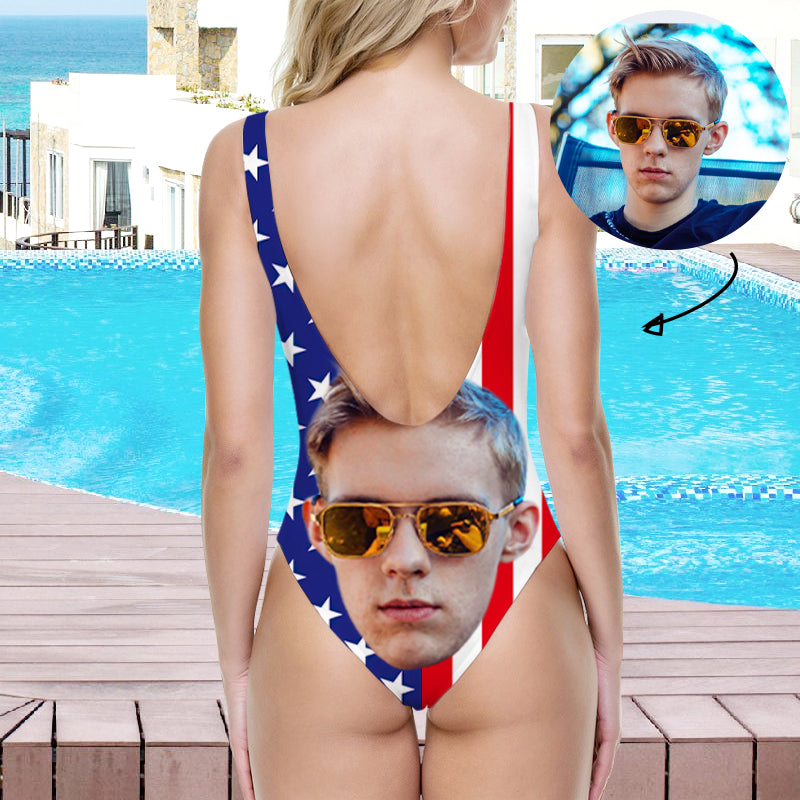 Custom US Flag Ladies One Piece Swimsuits With Faces - Oarse