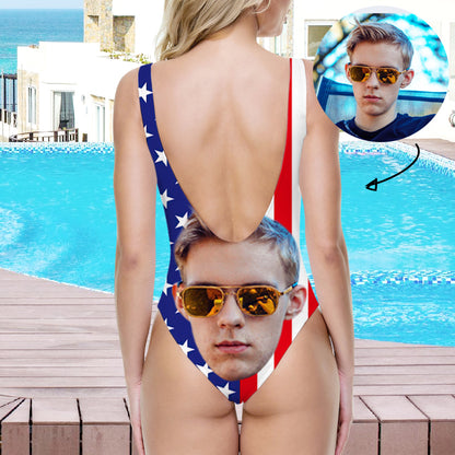 Custom US Flag Ladies One Piece Swimsuits With Faces - Oarse