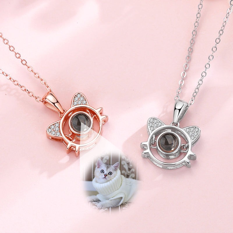 Cat Shape 925 Sterling Silver Projection Necklace Personalized Pet Photo Necklace - OARSE