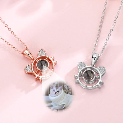 Cat Shape 925 Sterling Silver Projection Necklace Personalized Pet Photo Necklace - OARSE