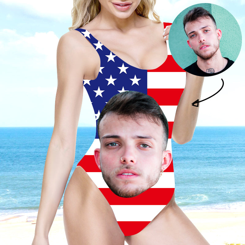 Custom US Flag Ladies One Piece Swimsuits With Faces - Oarse