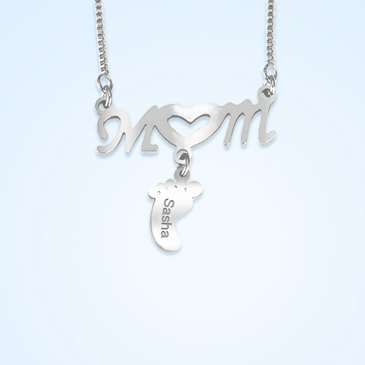 Baby Feet Name Engraved Necklace, Mom Alphabet Name Tag Necklace - Oarse