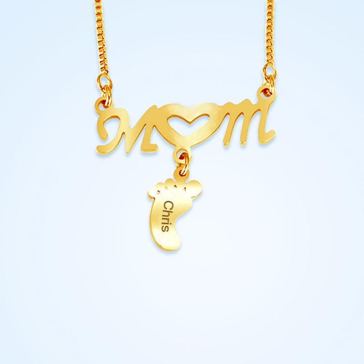 Baby Feet Name Engraved Necklace, Mom Alphabet Name Tag Necklace - Oarse