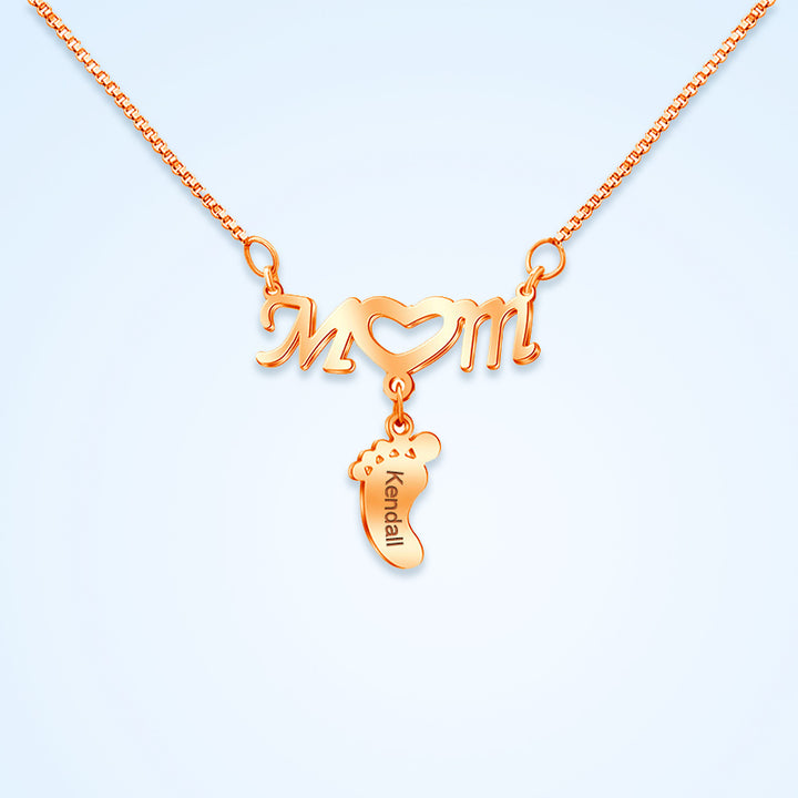 Baby Feet Name Engraved Necklace, Mom Alphabet Name Tag Necklace - Oarse