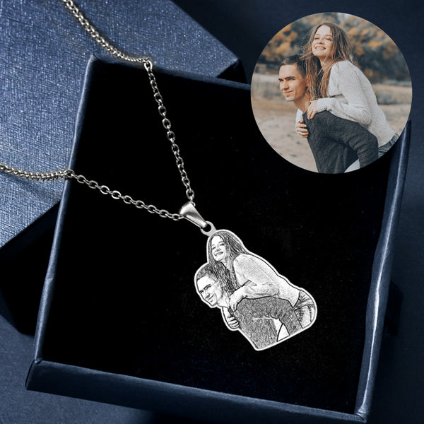 Sterling Silver Personalized Necklace Photo Engraved Portrait Necklace For Couple - Oarse