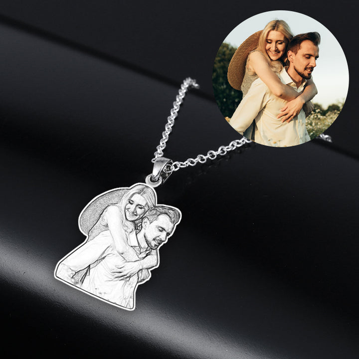 Sterling Silver Personalized Necklace Photo Engraved Portrait Necklace For Couple - Oarse