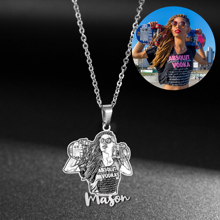 Custom Portrait Pendant Sterling Silver Photo Necklace With Name, Engraved Necklaces For Her Him - Oarse