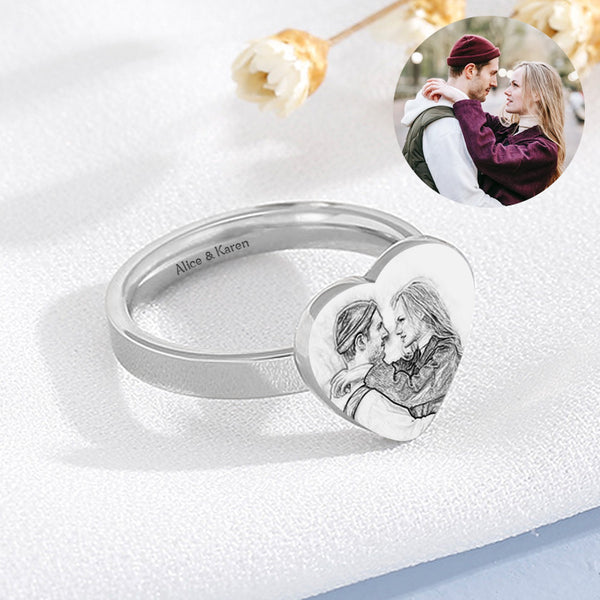 Personalized Photo Engraved Ring Heart Shape Sterling Silver Engraved Ring - Oarse