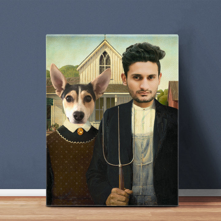Custom American Gothic Funny Canvas for Couples, Pet and Pet Owner, Pet Couples - Oarse