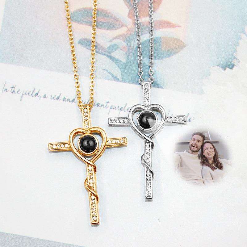 Personalized Heart Photo Projection Necklace Custom Cross Necklace For Girlfriend - Oarse