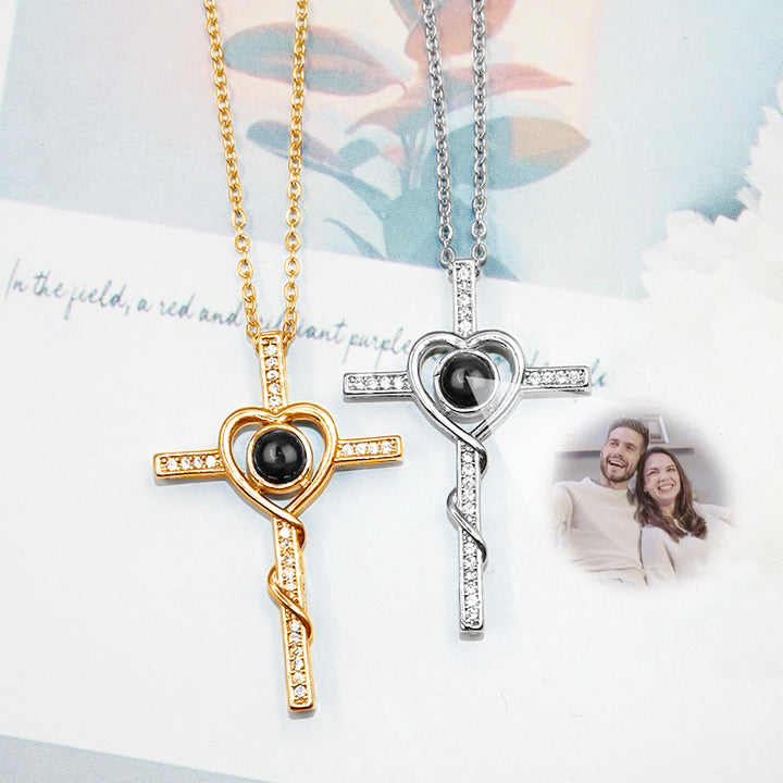 Personalized Heart Photo Projection Necklace Custom Cross Necklace For Girlfriend - Oarse