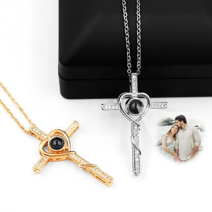 Personalized Heart Photo Projection Necklace Custom Cross Necklace For Girlfriend - Oarse