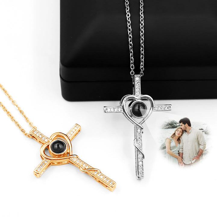 Personalized Heart Photo Projection Necklace Custom Cross Necklace For Girlfriend - Oarse