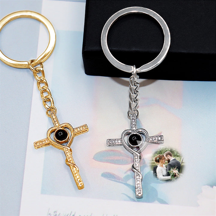 Cross Heart Shaped Keychain Personalized Photo Projection Keychain Sterling Silver Cross Keychain For Girlfriend - Oarse